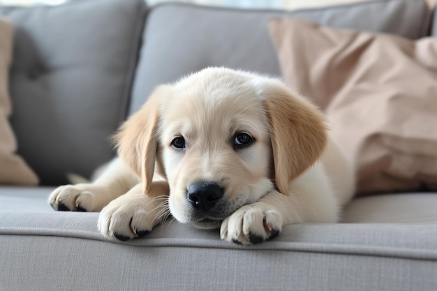 Un cucciolo di golden retriever è sdraiato su un divano.