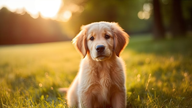 Un cucciolo di golden retriever si siede nell'erba