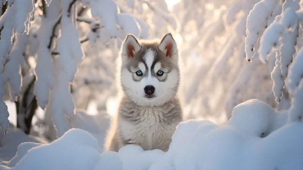 un cucciolo di husky è seduto nella neve