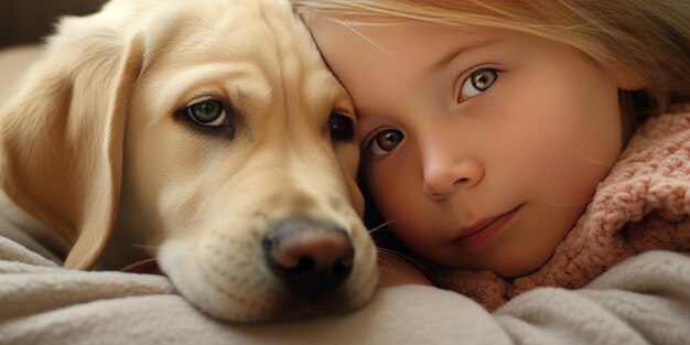 Un cucciolo di Labrador Retriever giallo abbracciato da una ragazzina che dimostra il suo affettuoso