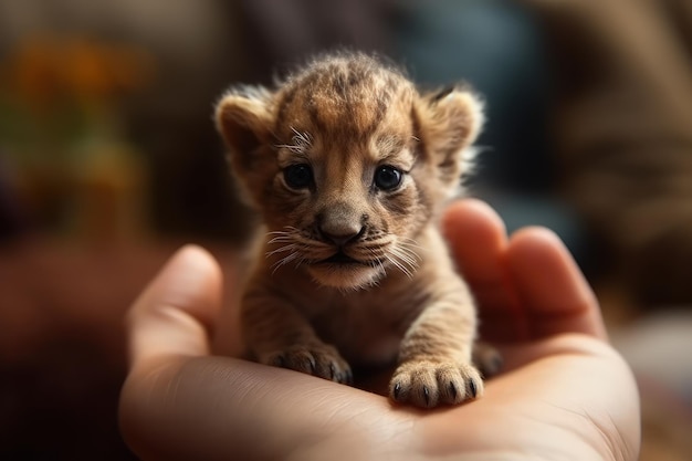 Un cucciolo di leone tenuto in mano