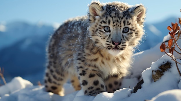 Un cucciolo di leopardo delle nevi si trova su una roccia nella neve