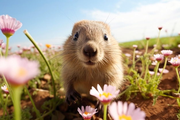 Un cucciolo di marmotta in mezzo a una prateria primaverile circondato da fiori vivaci