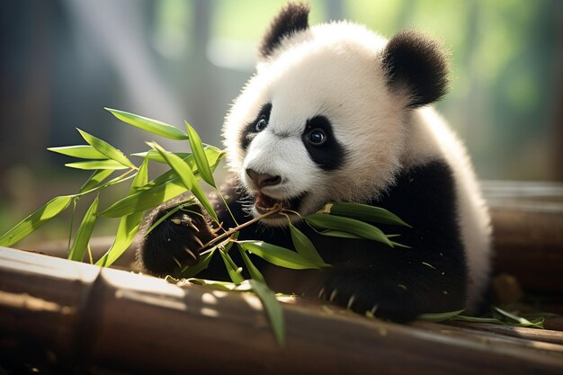 un cucciolo di orso panda sta mangiando bambù in una zona di bambù