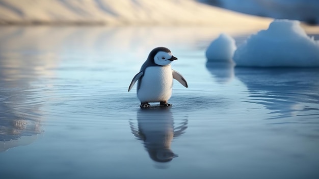 Un cucciolo di pinguino che impara a dondolare sul ghiaccio Generato dall'intelligenza artificiale