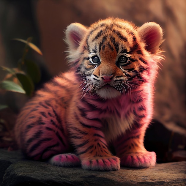 Un cucciolo di tigre con gli occhi rosa si siede su una roccia.