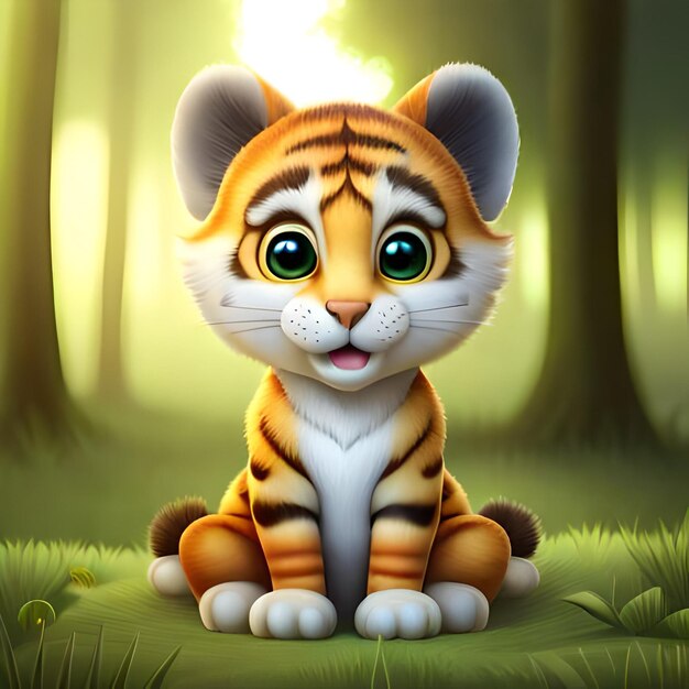 Un cucciolo di tigre con grandi occhi siede in una foresta.