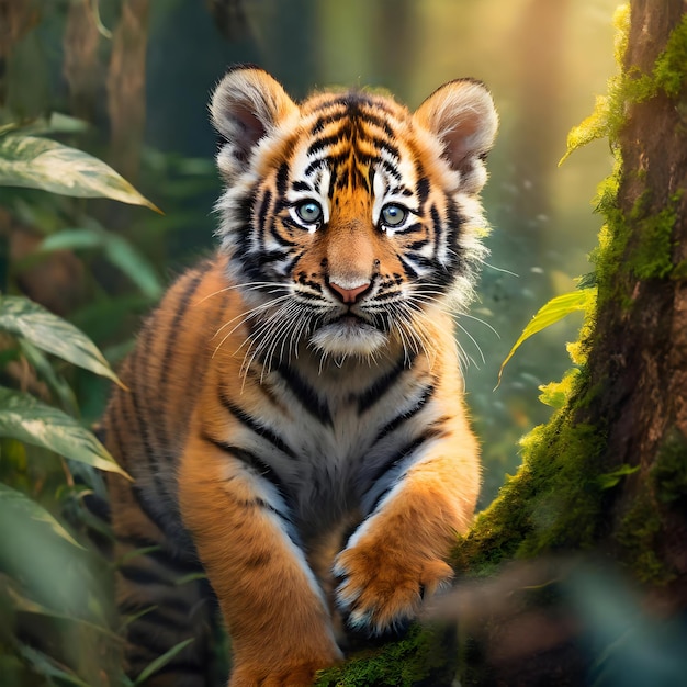 un cucciolo di tigre è nella giungla e sta guardando la telecamera