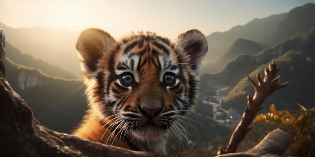 Un cucciolo di tigre è su un ramo davanti a una montagna.