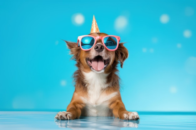 Un cucciolo divertente che indossa occhiali da compleanno.