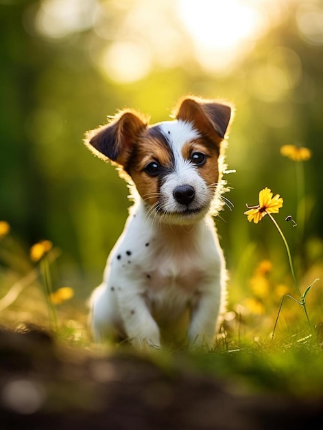 un cucciolo è seduto nell'erba con dei fiori sullo sfondo