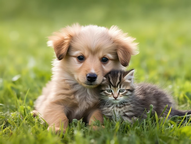 Un cucciolo e un gattino che si abbracciano tra le braccia sono seduti sull'erba