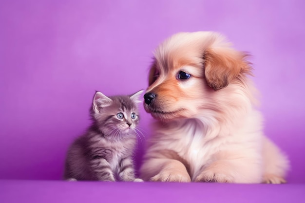 Un cucciolo e un gattino su uno sfondo viola IA generativa