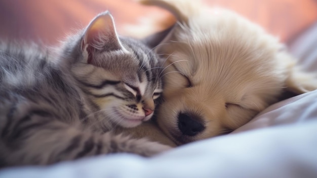 Un cucciolo e un gatto che si coccolano insieme.