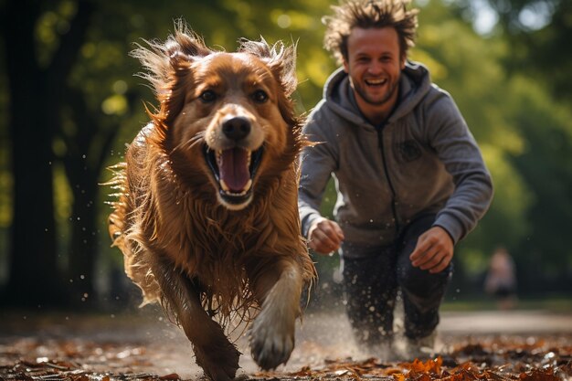 Un cucciolo felice e il suo padrone giocano in un parco AI