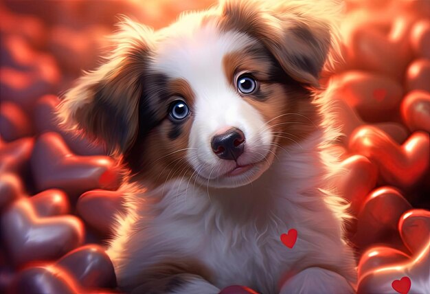 un cucciolo giace davanti ai cuori con uno sfondo a forma di cuore