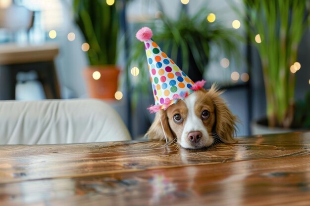 Un cucciolo giocoso che esce da sotto un cappello da festa che celebra i compleanni