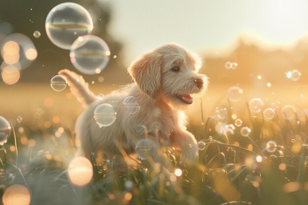 Un cucciolo giocoso che insegue le bolle in aria