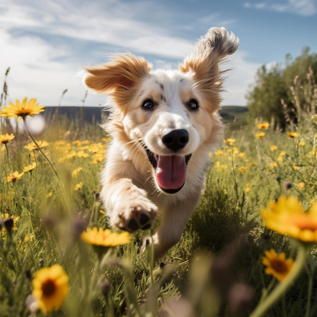 Un cucciolo gioioso che gioca in un prato