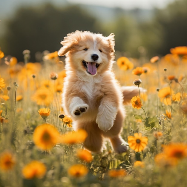 Un cucciolo gioioso che gioca in un prato