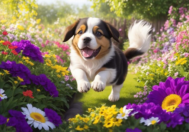 Un cucciolo gioioso che salta attraverso un giardino