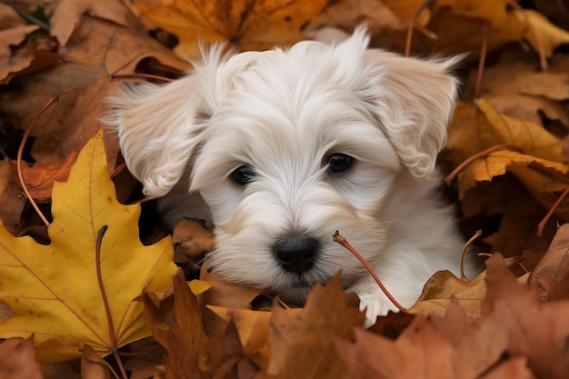 Un cucciolo in un mucchio di foglie d'autunno