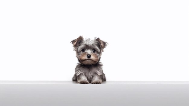 Un cucciolo si siede su un tavolo con uno sfondo bianco.