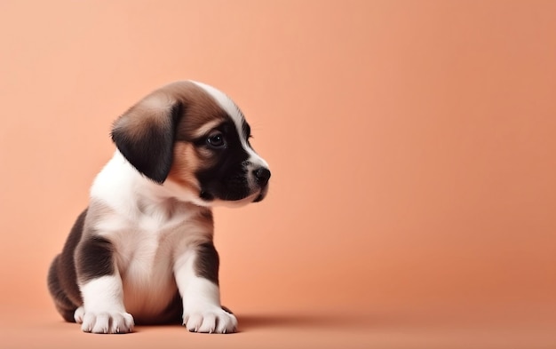 Un cucciolo si siede su uno sfondo arancione.