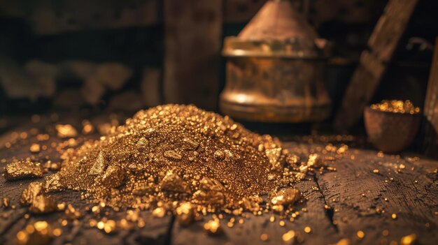 un cumulo d'oro su un vecchio tavolo da lavoro in legno un cumulo di oro su un vecchio tavolino da lavoro in Legno