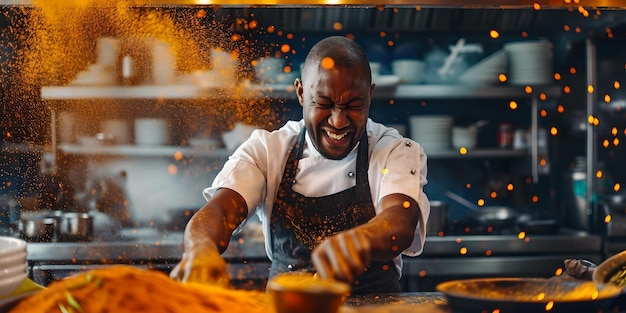 Un cuoco allegro che cucina con talento in una cucina affollata, scintille volano mentre si preparano deliziosi pasti, arte culinaria in azione, atmosfera di cucina professionale catturata dall'IA.