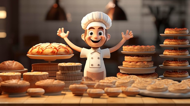 Un cuoco animato allegro in una panetteria circondato da pane e pasticci appena cotti