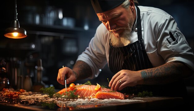 un cuoco che prepara un salmone in una cucina con un coltello