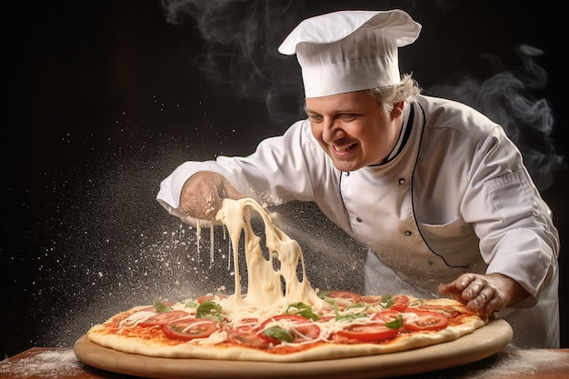 Un cuoco che spruzza formaggio sopra una pizza