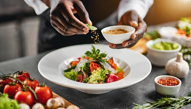 Un cuoco esperto in uniforme aggiunge spezie aromatiche per migliorare il sapore di un piatto gourmet che mostra cul