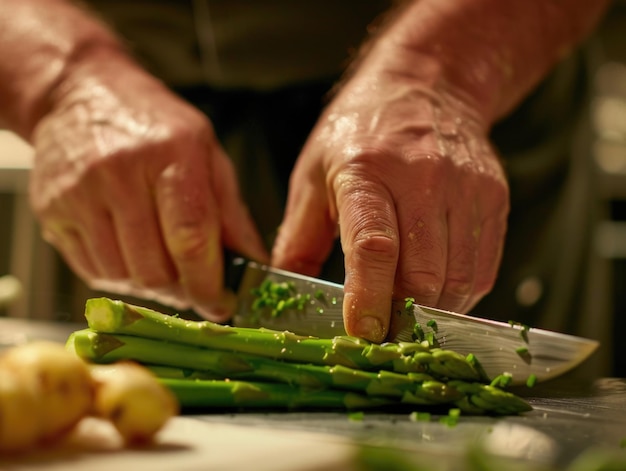 Un cuoco esperto taglia delicatamente gli asparagi freschi su un tavolo da taglio di legno