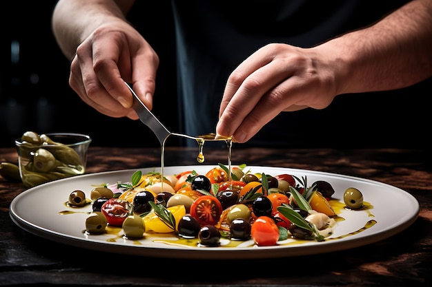 Un cuoco fotografico che addobba un piatto con olive affettate