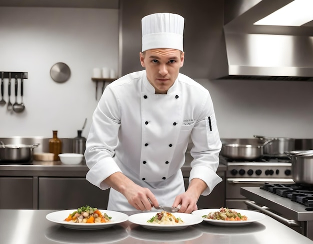 un cuoco prepara il cibo in una cucina con una stufa e una stufa