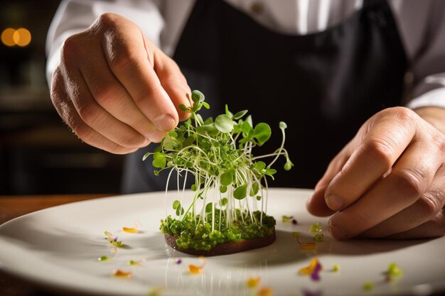 Un cuoco prepara un piatto di verdure con un ramo di erbe.