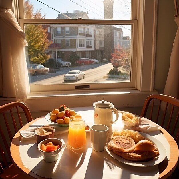 Un cuoco prepara una colorata colazione tipica americana mentre la luce del sole entra dalla finestra