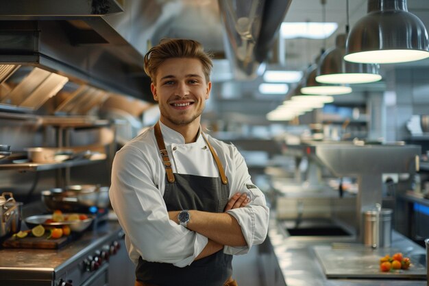 un cuoco sorridente si trova in cucina con le braccia incrociate