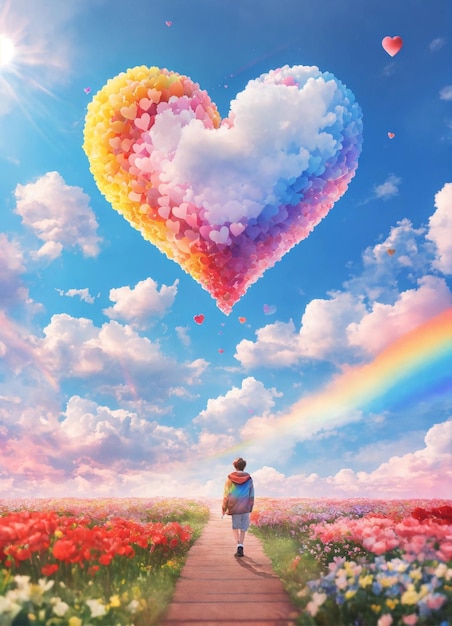 Un cuore 3D scrive Taehyung con un cielo blu con un arcobaleno sullo sfondo