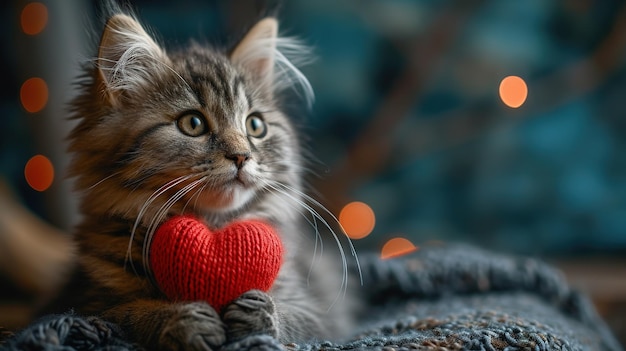 Un cuore a maglia rossa nelle zampe di un gatto una cartolina con un gatto peloso grigio e nero