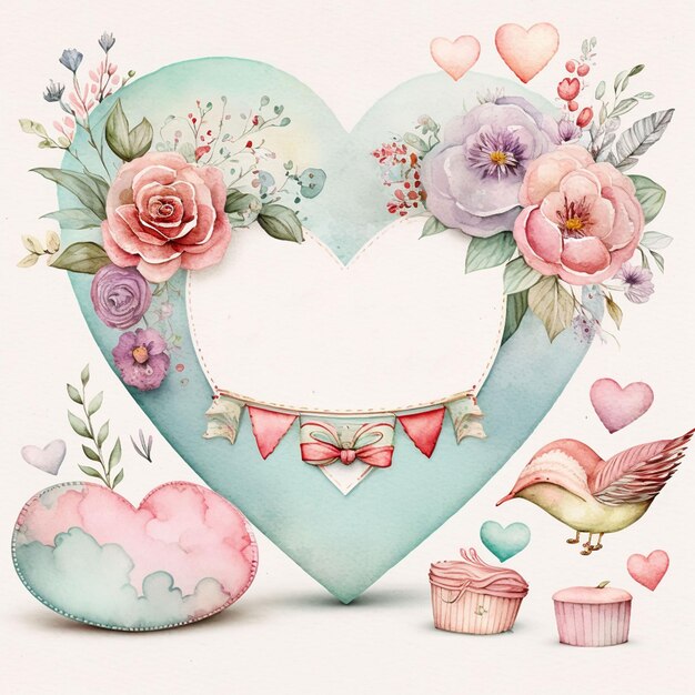 Un cuore ad acquerello con un cupcake e una composizione floreale.