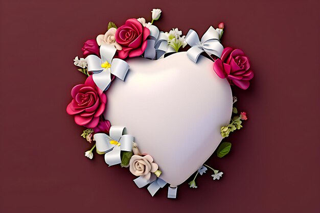 Un cuore bianco circondato da fiori di rose su uno sfondo marrone