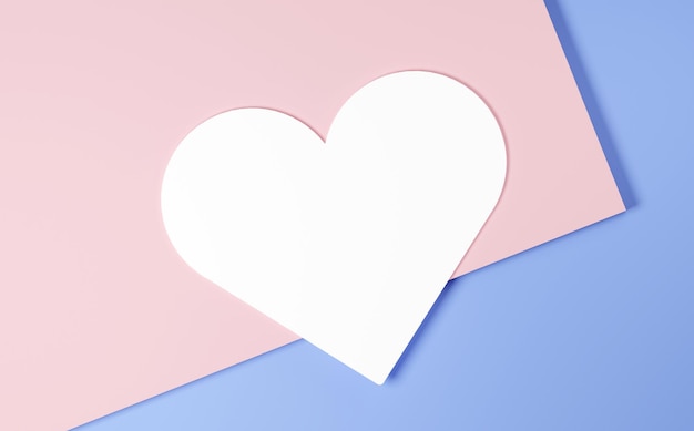 Un cuore bianco su uno sfondo di carta di colore blu e pesca 3d render