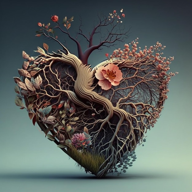 Un cuore con un albero e dei fiori sopra