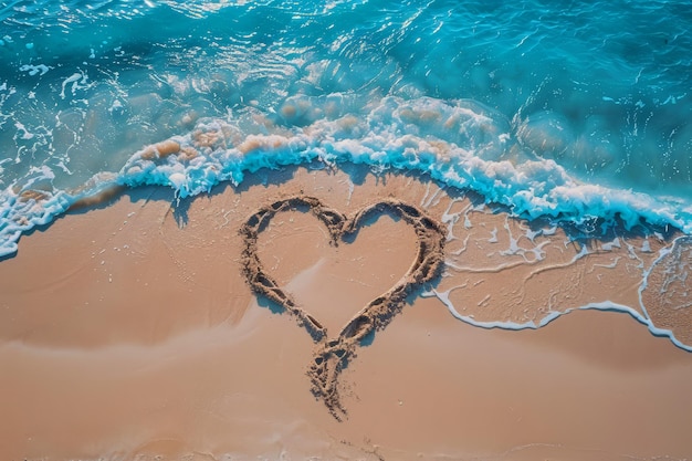 Un cuore d'amore romantico disegnato nella sabbia su una bella spiaggia