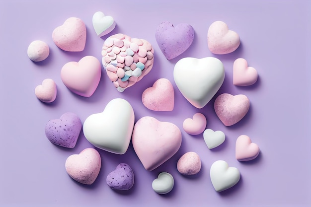 Un cuore di caramelle a forma di cuore è circondato da altri cuori.