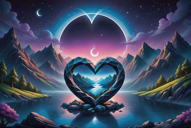 Un cuore di pietra in mezzo alle montagne bagnato dalla luna con uno sfondo notturno