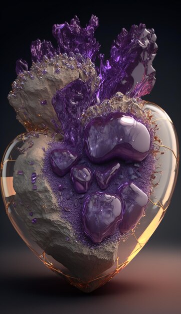 Un cuore di vetro con dentro del liquido viola